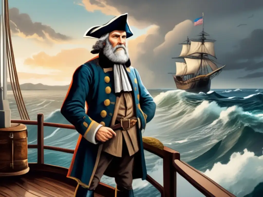 En la ilustración detallada, John Cabot está parado en la cubierta de su barco frente a la escarpada costa de América del Norte