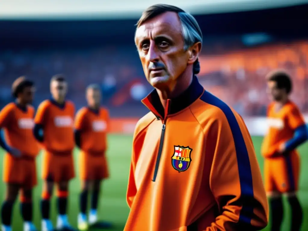 Johan Cruyff legado filosofía fútbol, imagen detallada en campo con jugadores ejecutando movimientos fluidos