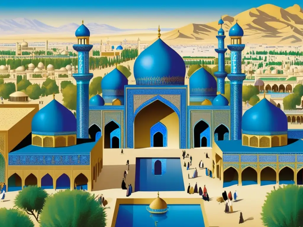 Una detallada ilustración de la capital del Imperio Safávida, Isfahán, muestra trabajos de azulejos e intrincada arquitectura en la Mezquita del Imán