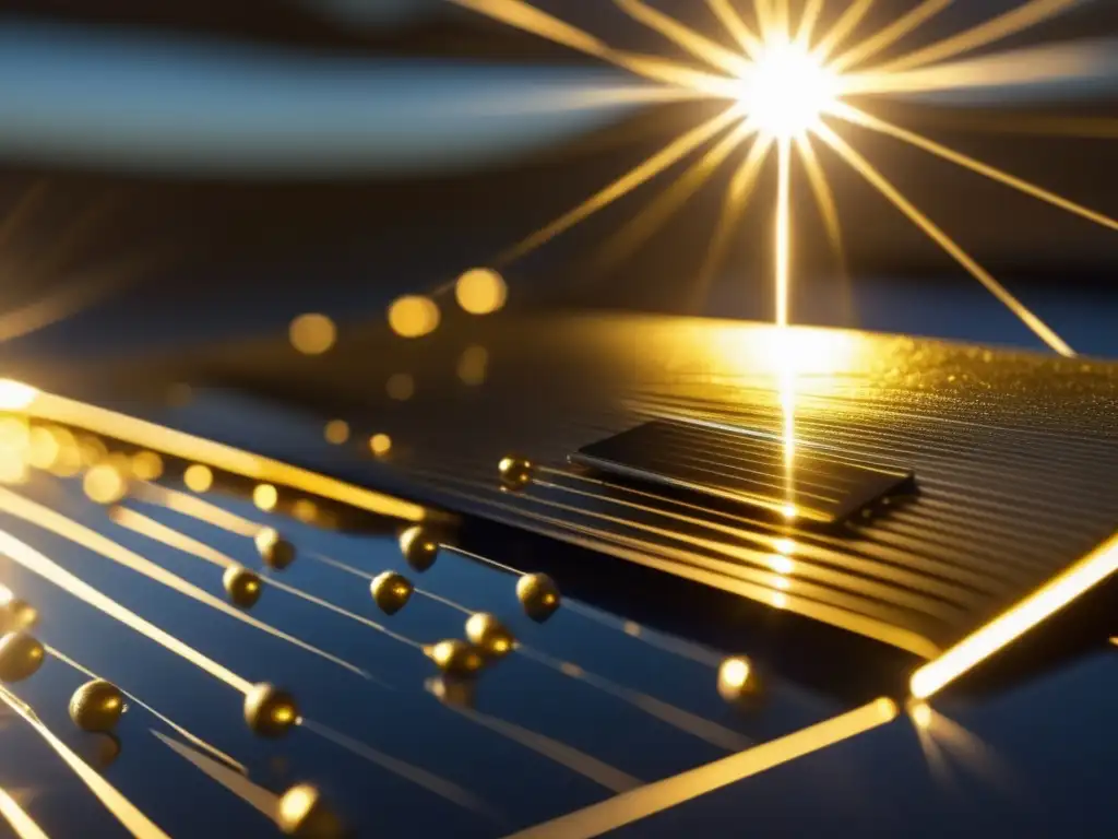Detallada célula fotovoltaica revolución solar de Charles Fritts con selenium y electrodos de oro, capturando la luz solar