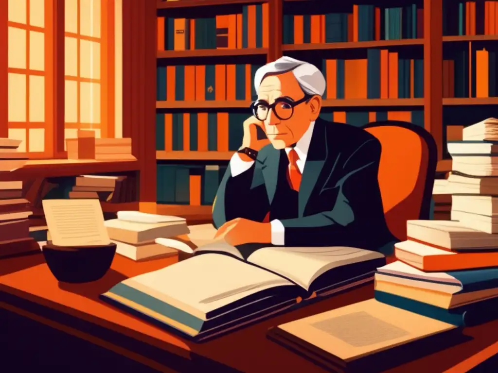 Ilustración detallada de Claude Lévi-Strauss en su escritorio, rodeado de libros y papeles, inmerso en profunda reflexión sobre el estructuralismo mítico