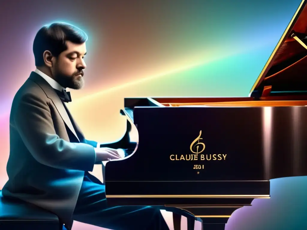 Una representación detallada de Claude Debussy en el piano, rodeado de una atmósfera etérea de notas musicales y luz pastel