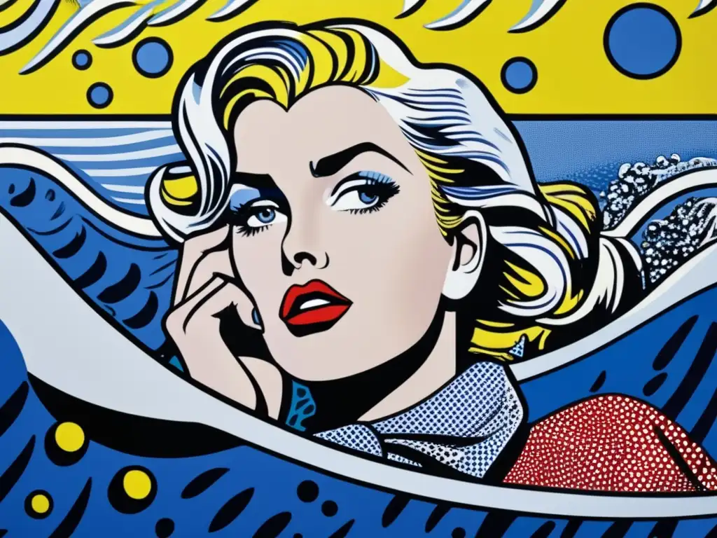 Una representación detallada de 'Drowning Girl' de Roy Lichtenstein, resaltando colores vivos y líneas de cómic, capturando la expresión emocional de la figura femenina en el arte pop de Lichtenstein