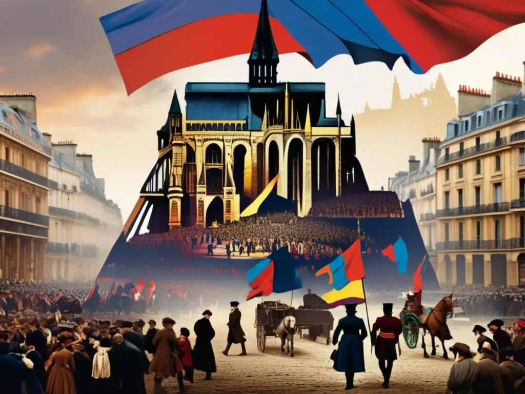 Una detallada y colorida colage digital que representa escenas y personajes de las obras literarias de Victor Hugo, como 'Los Miserables' y 'El Jorobado de NotreDame'