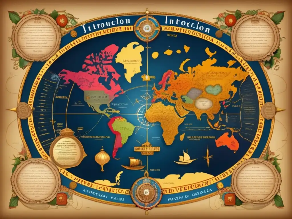 Una detallada y colorida representación digital de un antiguo mapa del mundo, con rutas de exploración de Amerigo Vespucci y detalles ornamentales
