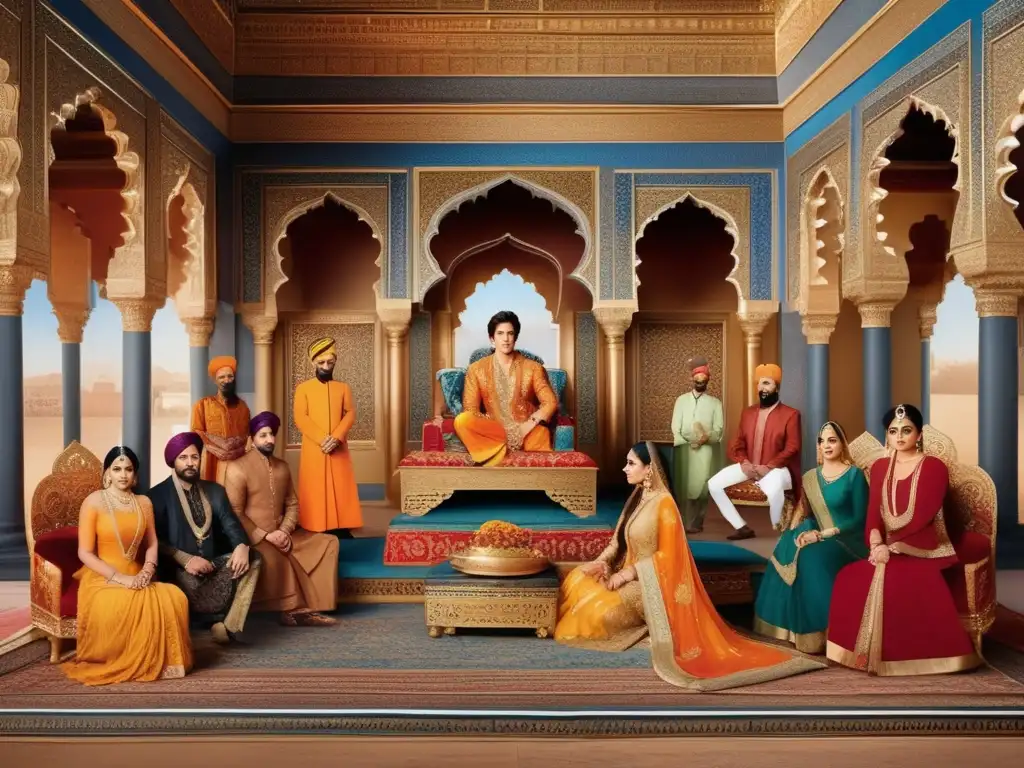 Una detallada representación de la corte real de Shah Rukh, con influencia persa en su arquitectura y decoración opulenta