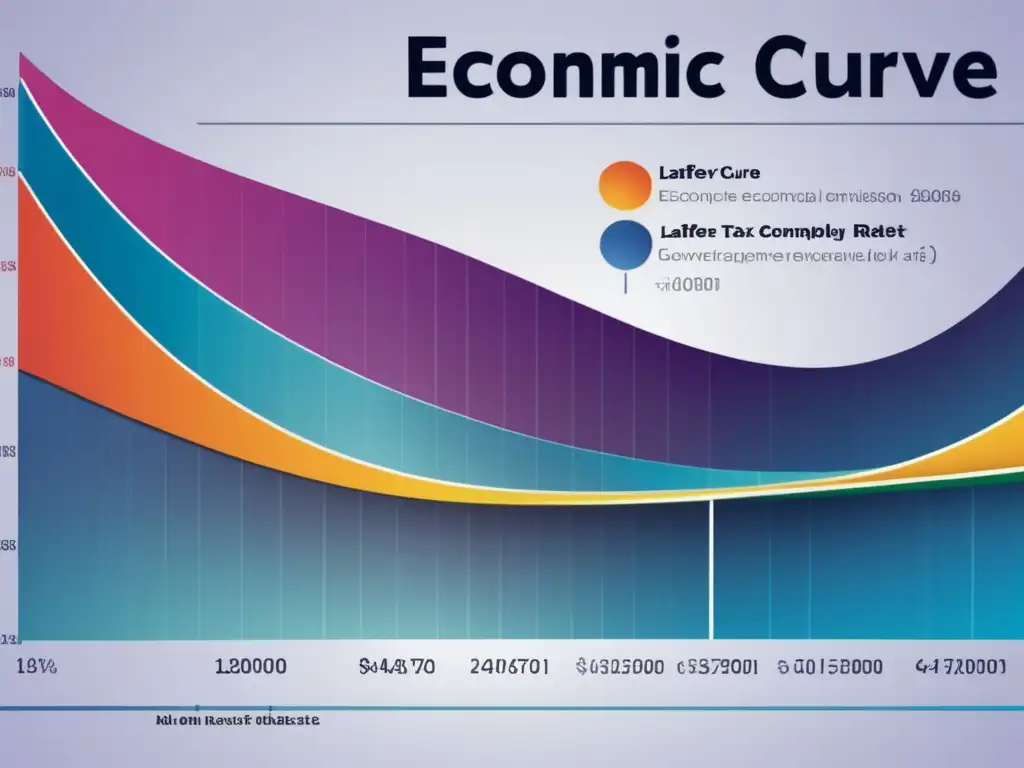Una representación detallada de la curva de Laffer y su impacto en impuestos, con líneas precisas y datos, sobre un fondo moderno y colorido