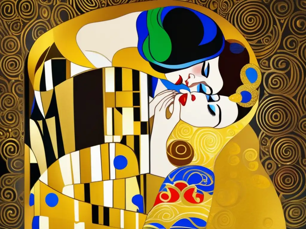 Una detallada ilustración digital de 'El Beso' de Gustav Klimt, capturando su simbolismo, patrones dorados y la emotiva intimidad de la obra maestra
