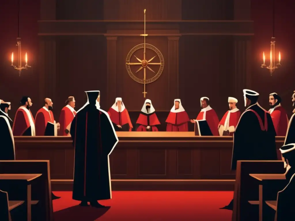En una detallada ilustración digital, se muestra una escena de la Inquisición española con jueces solemnes, acusados y una dramática iluminación para representar el intenso control religioso y político de la época
