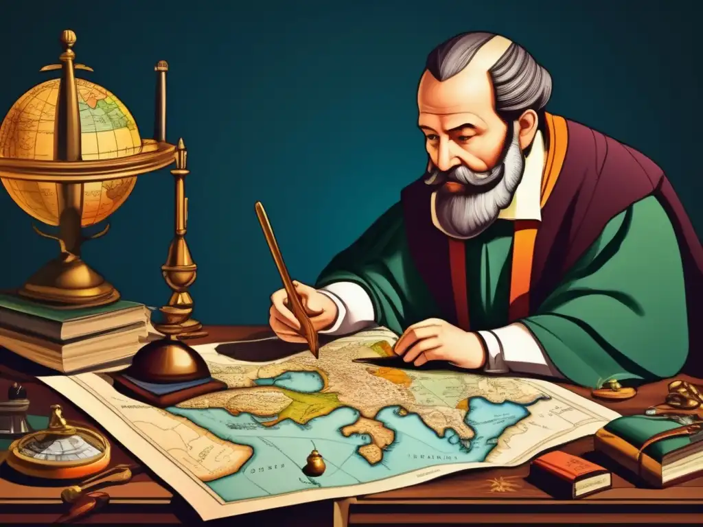 En la detallada ilustración digital, Gerardus Mercator crea meticulosamente uno de sus famosos mapas rodeado de herramientas de cartografía