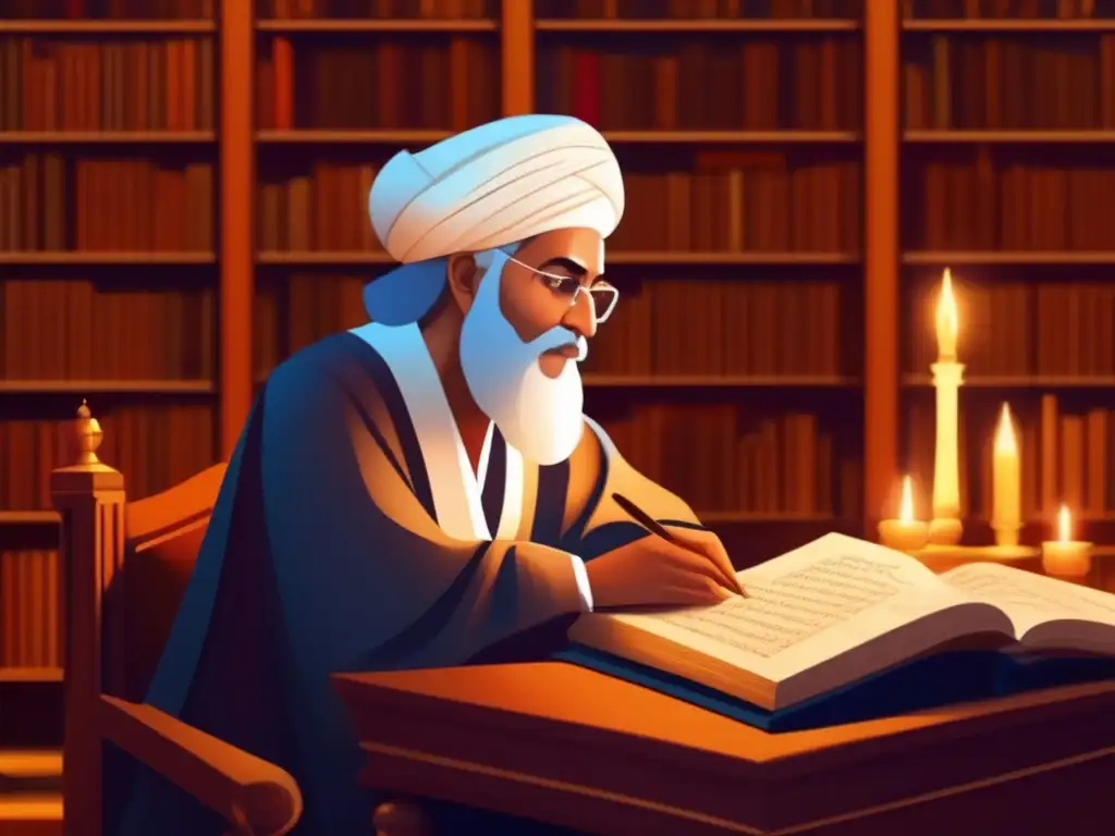 Sabiduría ancestral: Avicenna en la biblioteca medieval En la detallada ilustración digital, Avicena está inmerso en profunda contemplación en una majestuosa biblioteca, rodeado de antiguos manuscritos
