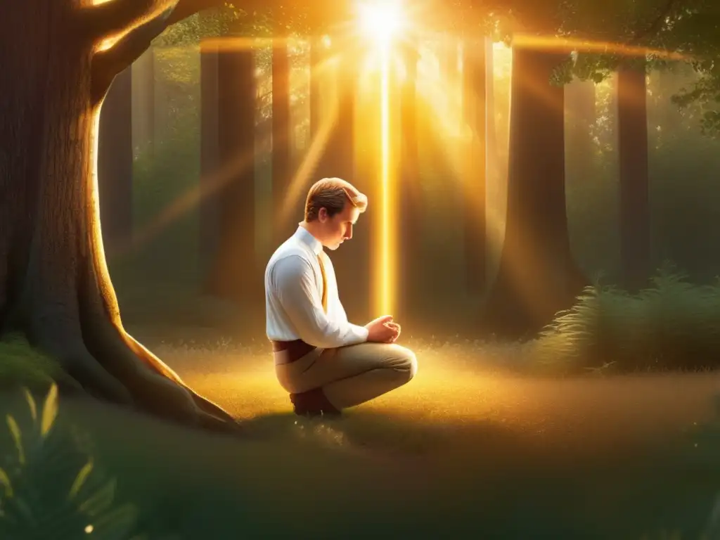 En la detallada ilustración digital, el joven Profeta Joseph Smith se arrodilla en oración, rodeado de luz divina en un bosque