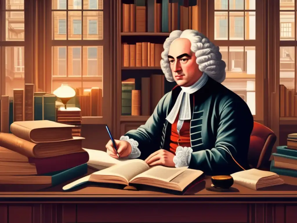 En una detallada ilustración digital moderna, Jonathan Swift está sentado en su escritorio, rodeado de libros y papeles