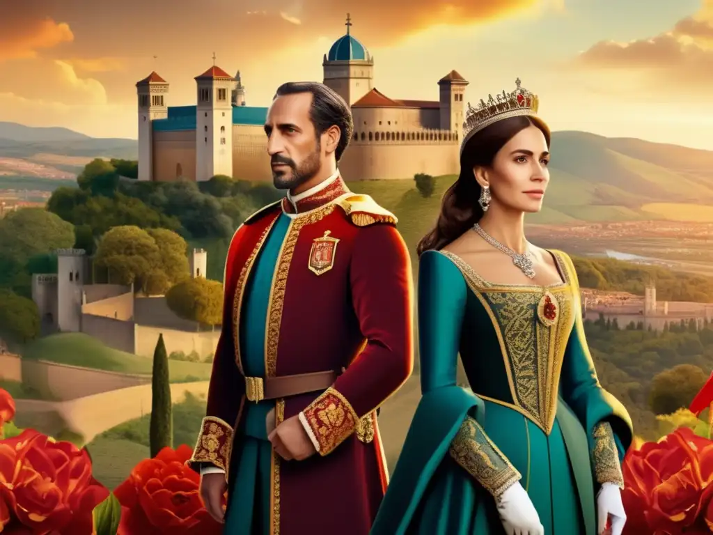 Los Reyes Católicos: Poder real y expansión territorial Una detallada ilustración digital de los Reyes Católicos de España, mostrando su poderío y autoridad