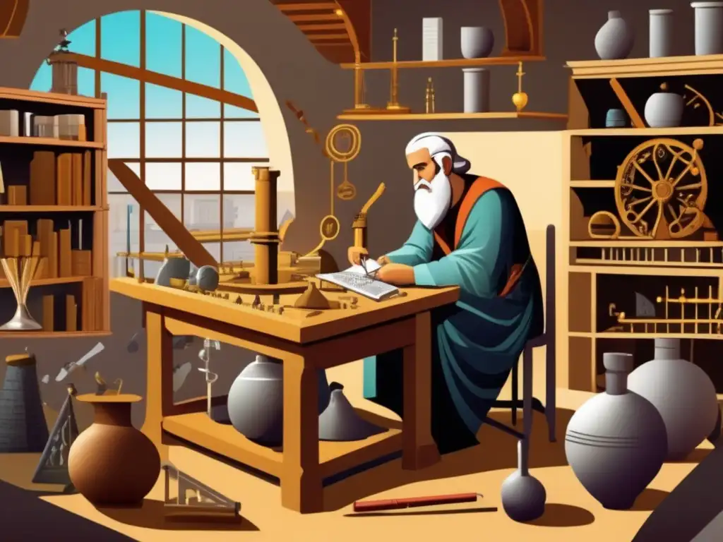 En una detallada ilustración digital, Arquímedes trabaja en su taller rodeado de instrumentos científicos y elementos arquitectónicos griegos