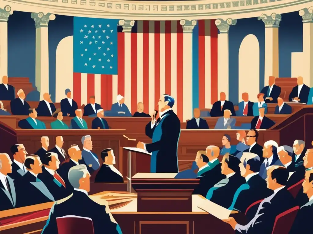 Una representación detallada de Woodrow Wilson entregando su discurso de los Catorce Puntos en el Congreso de EE