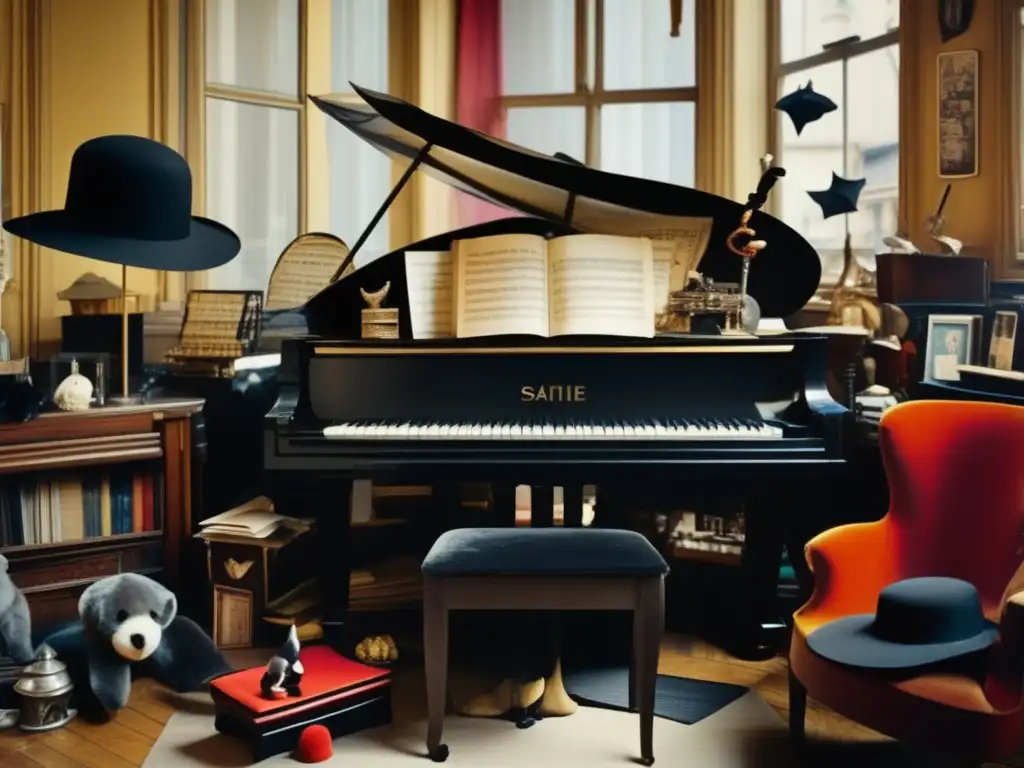 Una fotografía detallada del ecléctico apartamento parisino de Erik Satie, con su característico sombrero, un piano cubierto de partituras y objetos peculiares dispuestos de manera vanguardista