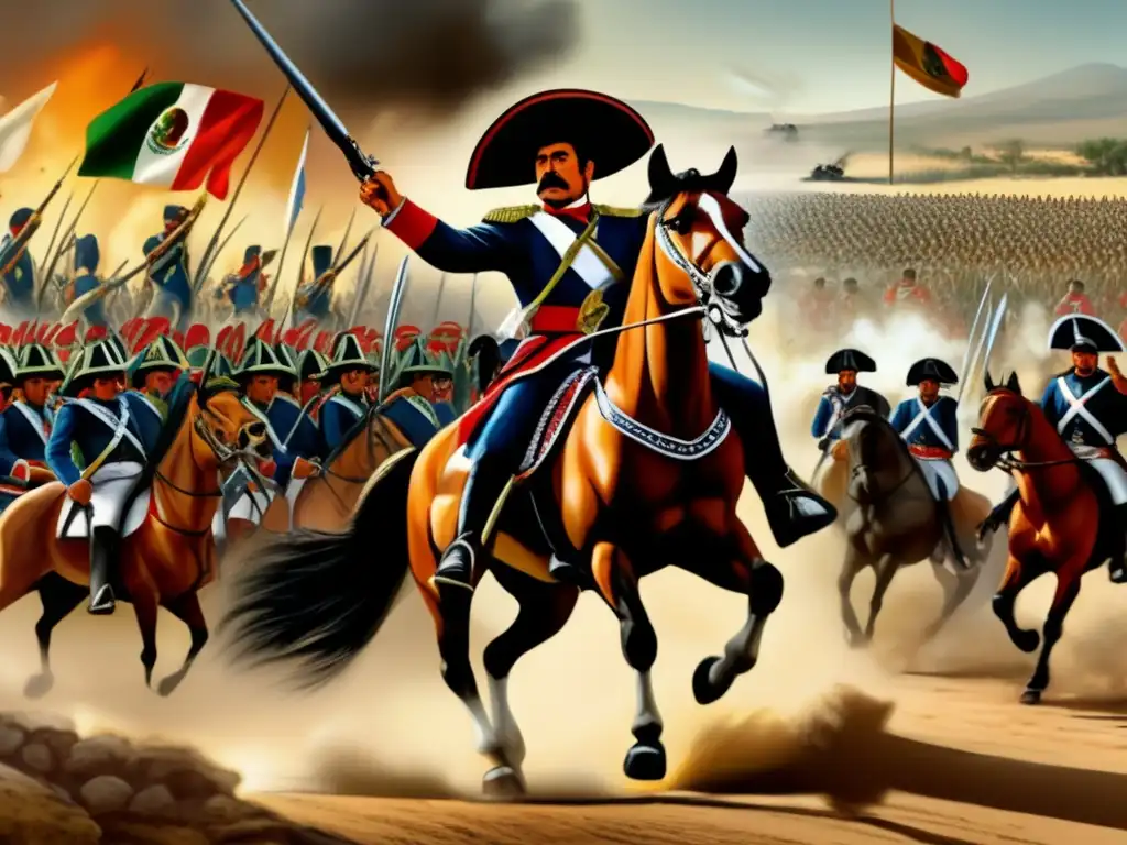 Ilustración detallada de Ignacio Zaragoza liderando el ejército mexicano en la Batalla de Puebla