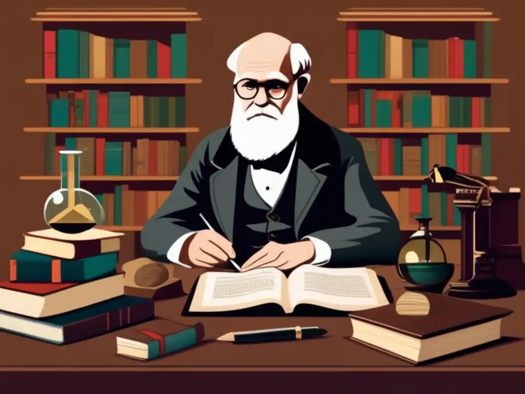Ilustración detallada de Charles Darwin en su escritorio, rodeado de libros e instrumentos científicos