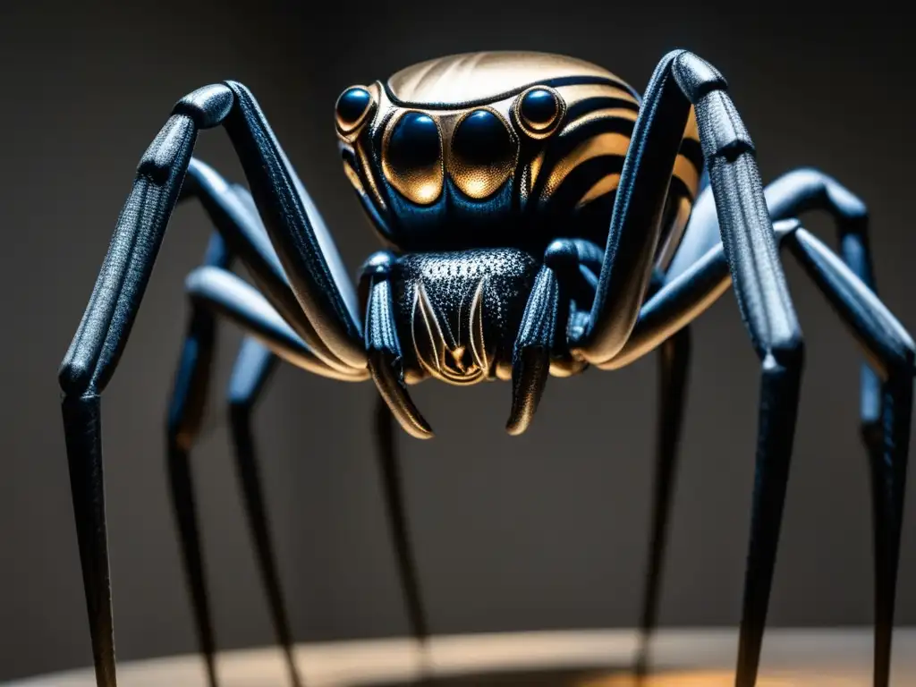 Una fotografía detallada de la escultura 'Spider' de Louise Bourgeois en una galería tenue