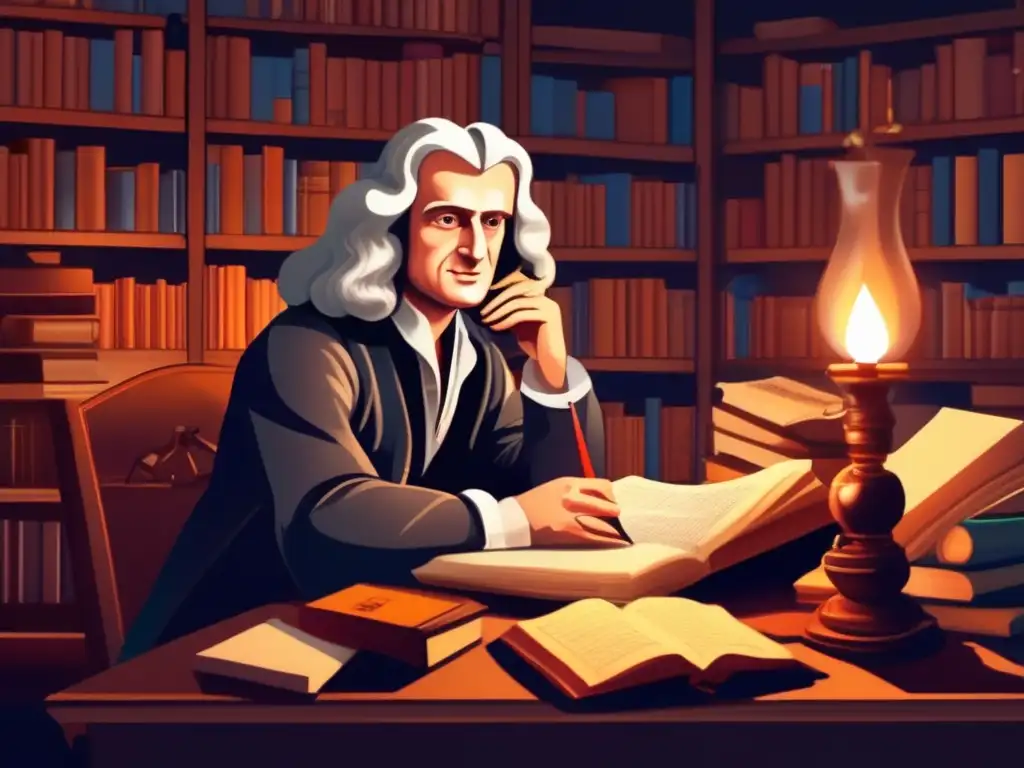En una ilustración detallada, Isaac Newton reflexiona en su estudio, rodeado de instrumentos científicos y textos religiosos