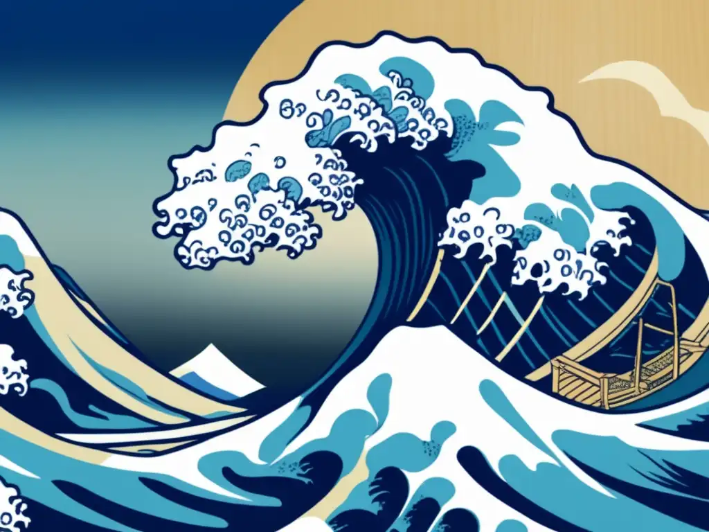 Una detallada representación de 'La gran ola de Kanagawa' de Katsushika Hokusai, destacando su influencia en el impresionismo japonés