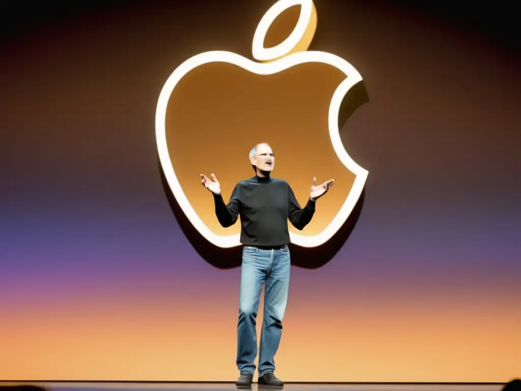 Steve Jobs Apple: Imagen 8k detallada del icónico fundador de Apple en el escenario, con el logo de Apple de fondo y una audiencia cautivada