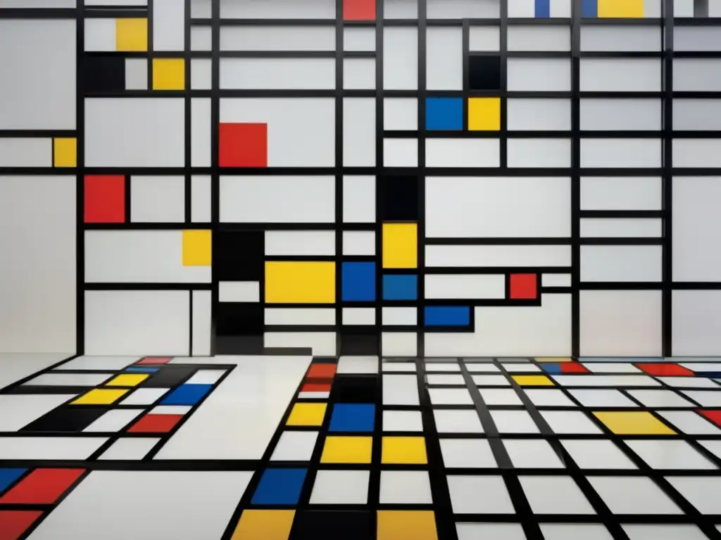 Una fotografía detallada del icónico cuadro 'Broadway Boogie Woogie' de Piet Mondrian, con su vibrante cuadrícula de colores y formas geométricas