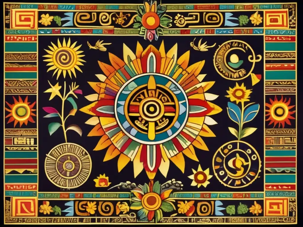 Una detallada imagen en alta resolución de un intrincado códice azteca que representa el mito del nacimiento del dios del sol
