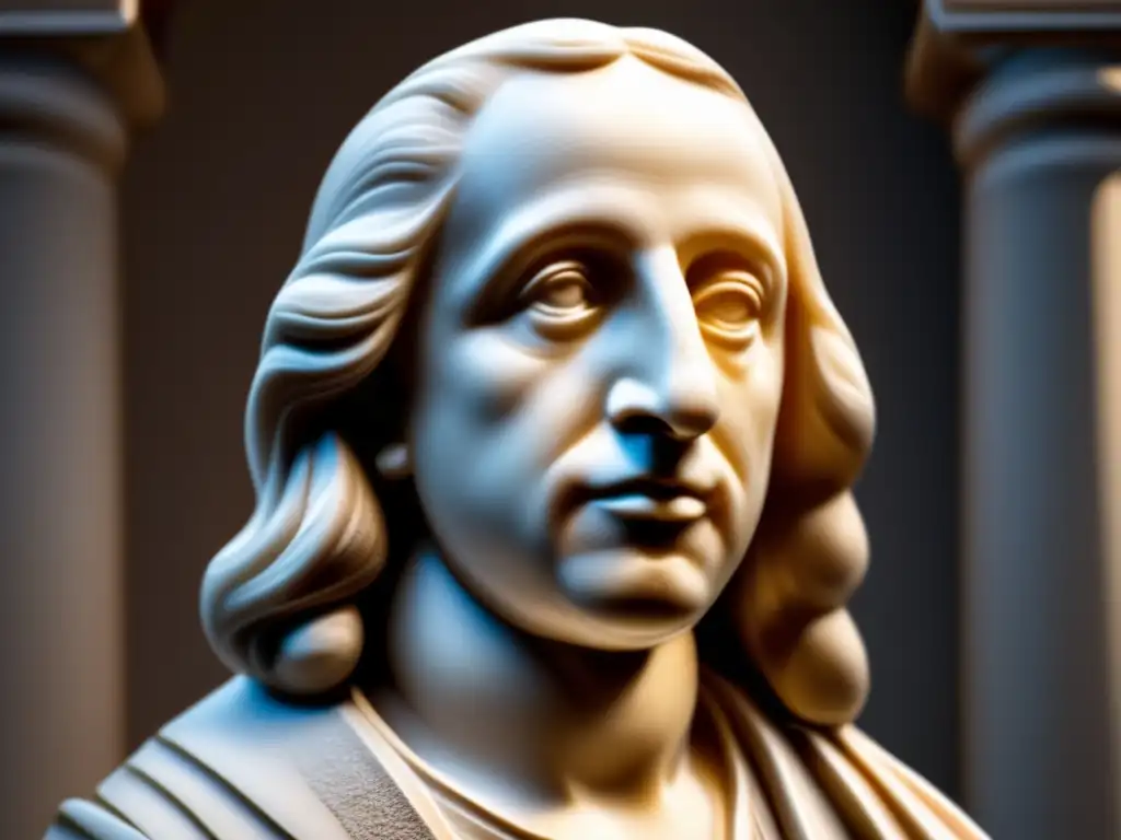 Una detallada imagen en alta resolución de un busto de mármol de Blaise Pascal, con expresión solemne y detalles intrincados