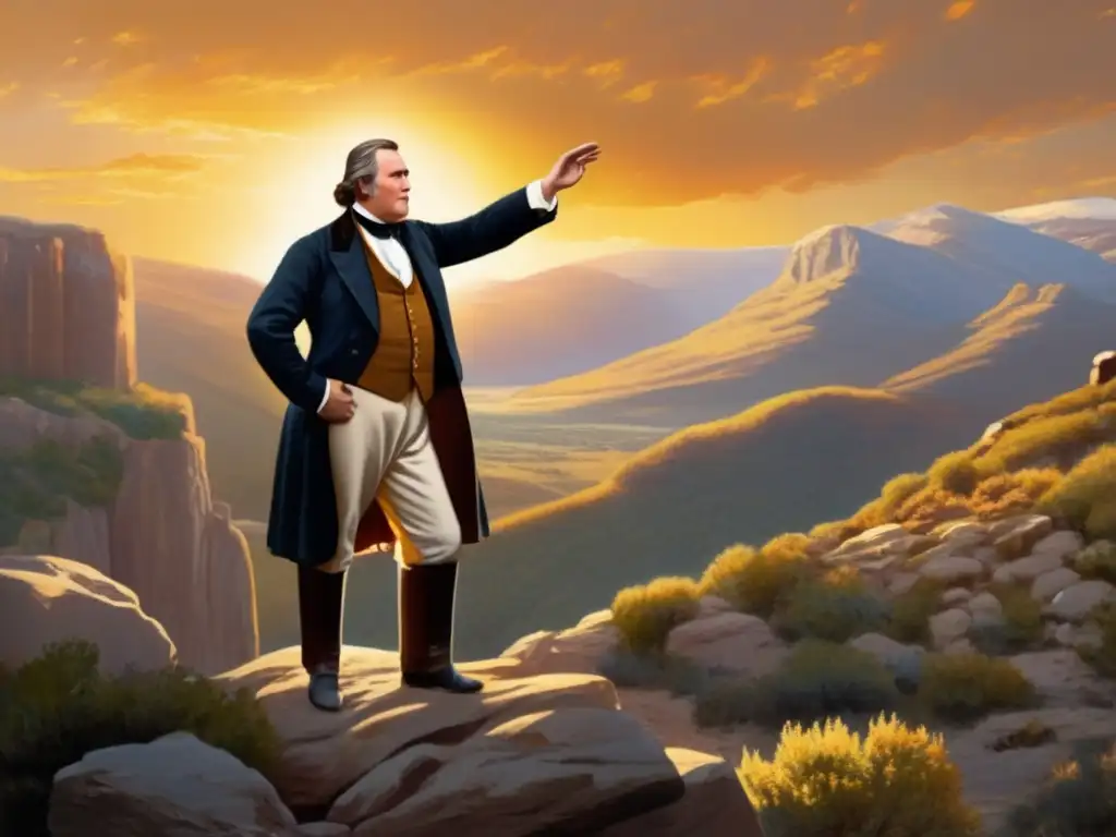 Una detallada imagen de Brigham Young en un promontorio rocoso, con el sol poniéndose detrás, iluminando el árido paisaje