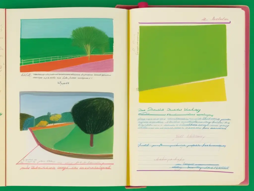 Una detallada imagen de la biografía temprana de David Hockney, con coloridos bocetos y perspectivas intrincadas, capturando su esencia artística