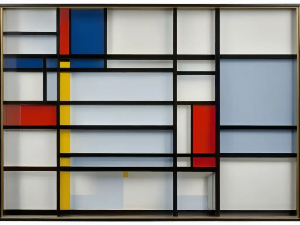 Una detallada imagen de 'Composición con Rojo, Azul y Amarillo' de Piet Mondrian (1930), con líneas geométricas precisas y colores vibrantes