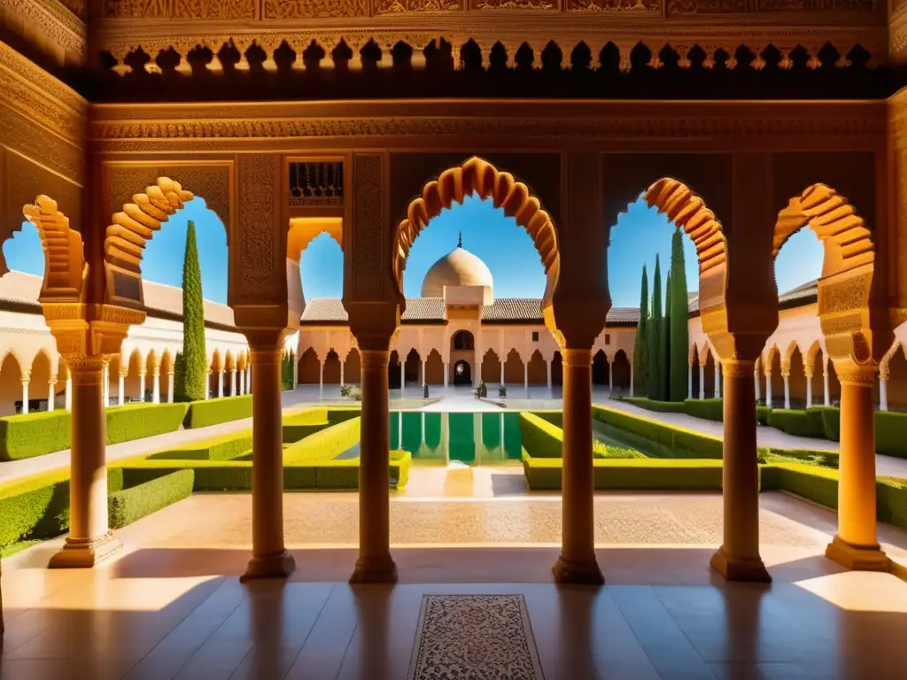 Esplendor de la Alhambra: Detalles increíbles en 8k Una detallada imagen 8k de la Alhambra en Granada, España, resaltando sus detalles arquitectónicos islámicos