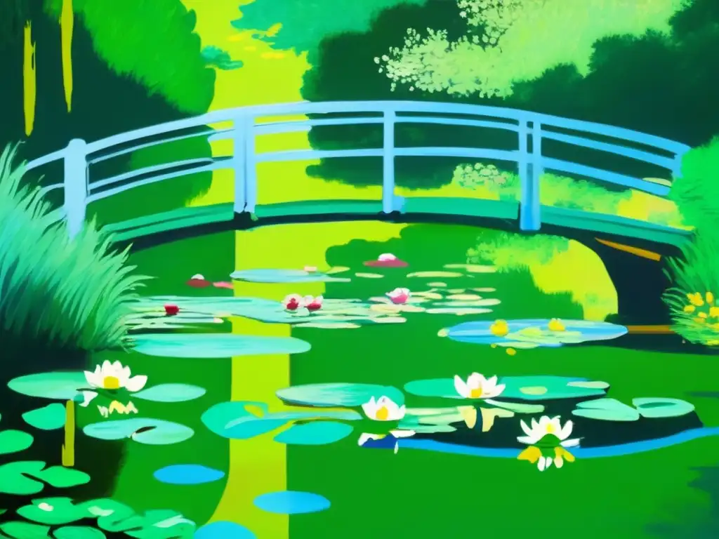 Una detallada imagen de la famosa pintura 'Water Lilies and Japanese Bridge' de Claude Monet