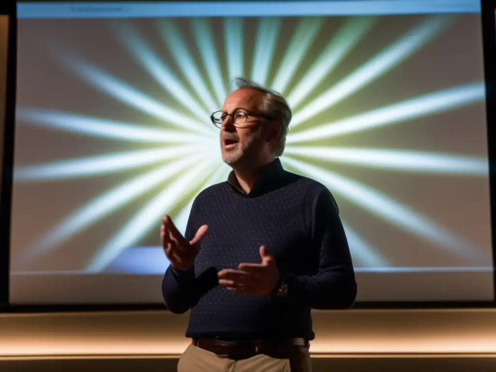 Una detallada imagen de Axel Honneth entregando una apasionada conferencia sobre Teoría del Reconocimiento, con su rostro expresivo iluminado por el suave resplandor de un proyector, creando intrincados patrones de luz y sombra en el auditorio