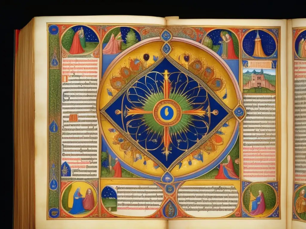 Una detallada imagen de un manuscrito iluminado medieval que muestra una página de 'Scivias' de Hildegard von Bingen, con caligrafía intrincada y vibrantes ilustraciones que representan escenas de visiones divinas y misticismo