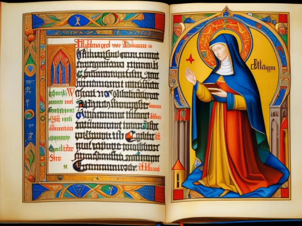 Hildegard von Bingen: Manuscrito medieval colorido y detallado Una detallada imagen de un manuscrito medieval con caligrafía intrincada e ilustraciones coloridas, destacando el nombre 'Hildegard von Bingen'