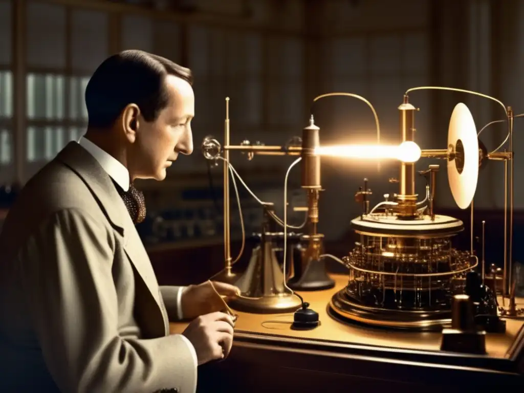 En la detallada imagen, Guglielmo Marconi ajusta con concentración el transmisor de radio en su laboratorio