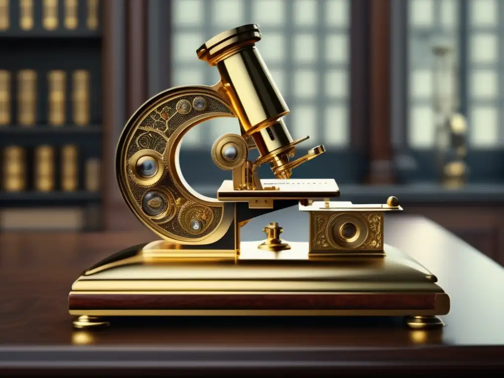 Una detallada imagen en 8k del microscopio artesanal de Antonie van Leeuwenhoek, realzando su diseño intrincado y capacidades de magnificación