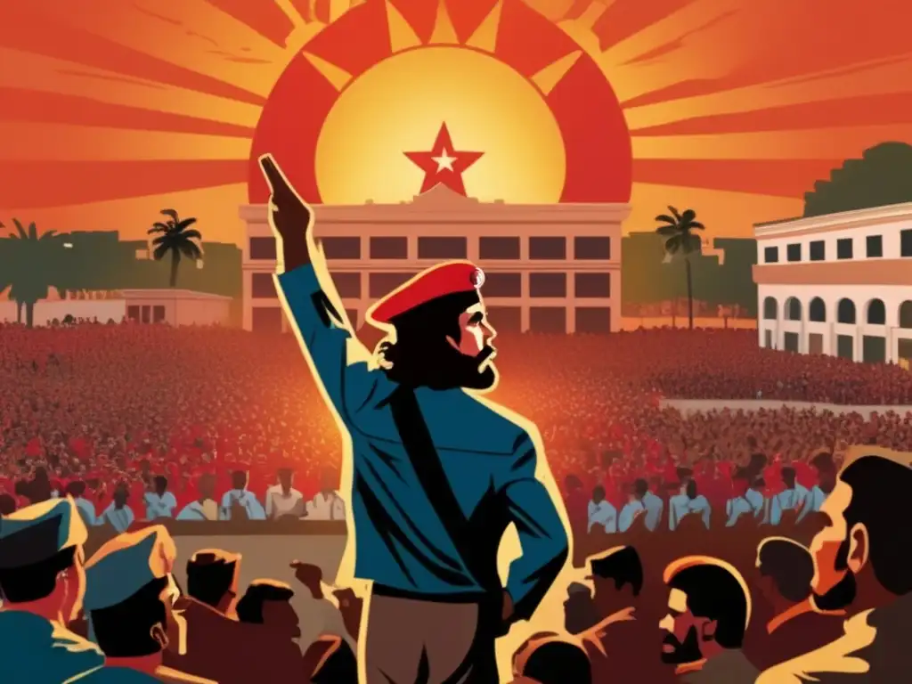 Una detallada imagen de Che Guevara dirigiéndose a una multitud de revolucionarios en La Habana, con el sol poniéndose detrás de él