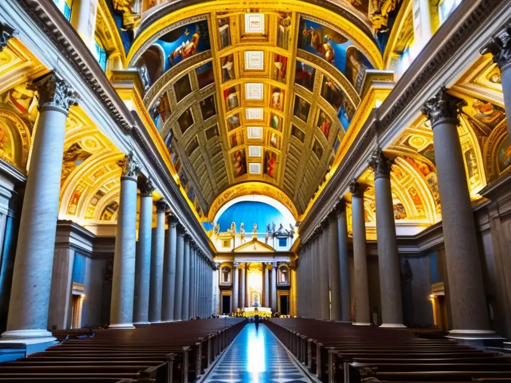 Detallada imagen de la opulenta y grandiosa decoración del interior del Vaticano, mostrando frescos, columnas de mármol y detalles dorados