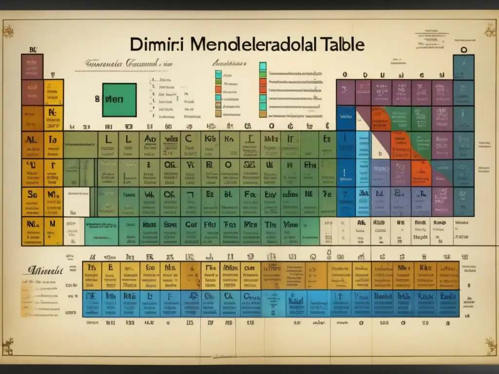 Una detallada imagen en 8k del original y manuscrito de la tabla periódica de Dimitri Mendeléiev, en pergamino envejecido, capturando su significado histórico y precisión científica