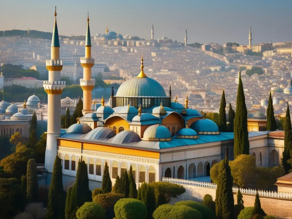 Una detallada imagen del Palacio de Topkapi en Estambul, resaltando su arquitectura y colores vibrantes