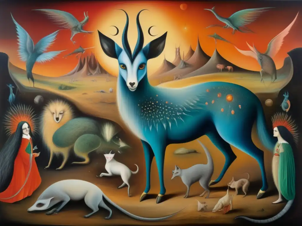 Una detallada imagen en 8k de la pintura 'Los Amantes' de Leonora Carrington, con elementos surrealistas híbridos y paisajes oníricos