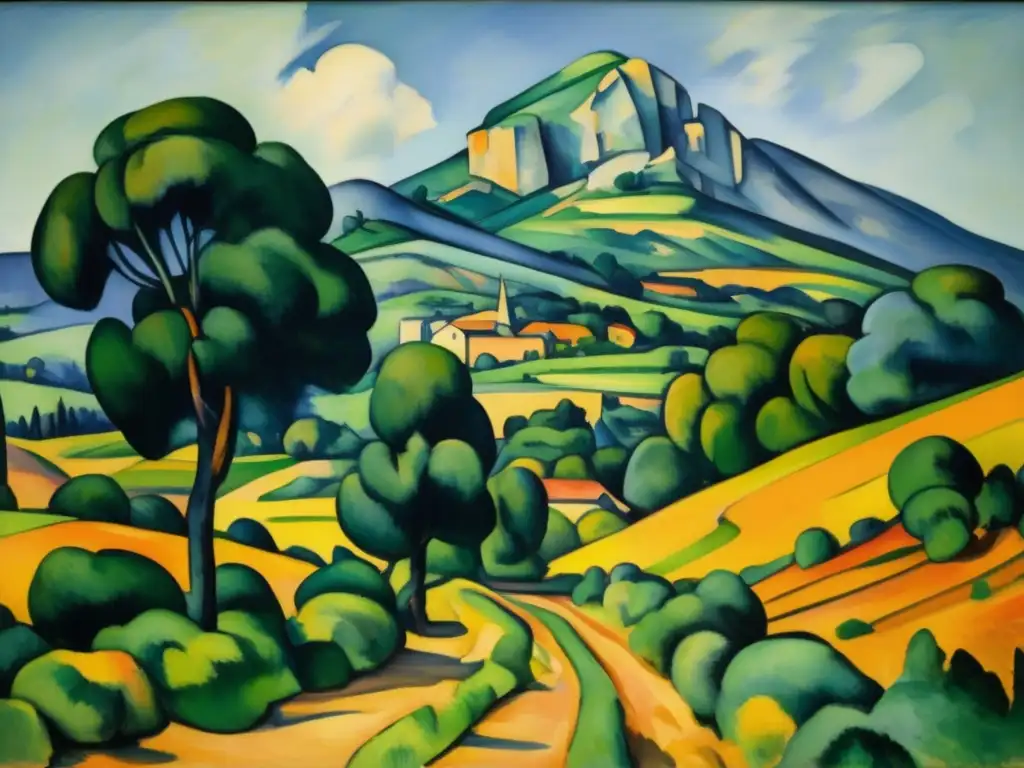 Una detallada imagen de la pintura 'Mont Sainte-Victoire' de Paul Cézanne, destacando sus pinceladas y colores vibrantes