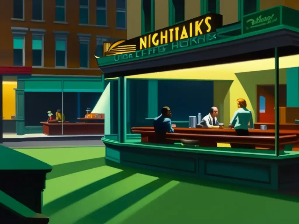 Una detallada imagen de la icónica pintura 'Nighthawks' de Edward Hopper, resaltando su maestría en luz y sombra para evocar la soledad urbana