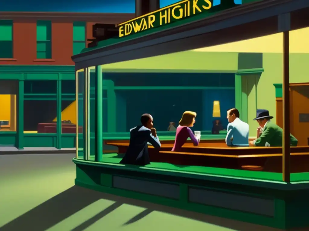 Una detallada imagen de la icónica pintura 'Noctámbulos' de Edward Hopper, capturando la soledad y la introspección de la vida urbana a través del dominio de la luz y la sombra del artista