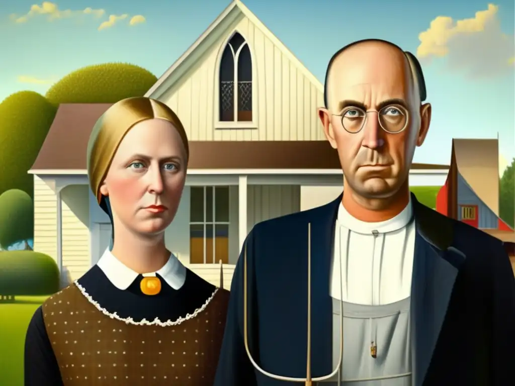 Una detallada imagen 8K de la pintura 'American Gothic' de Grant Wood, realzando el realismo mágico de la escena rural americana