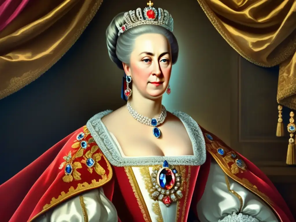 Una detallada imagen de alta resolución de un retrato de Catalina la Grande, exudando poder y majestuosidad con su atuendo real y joyas